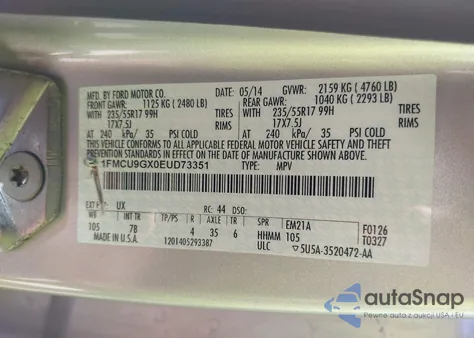 2014 Ford Escape Se из США, поврежденный, VIN 1FMCU9GX0EUD73351